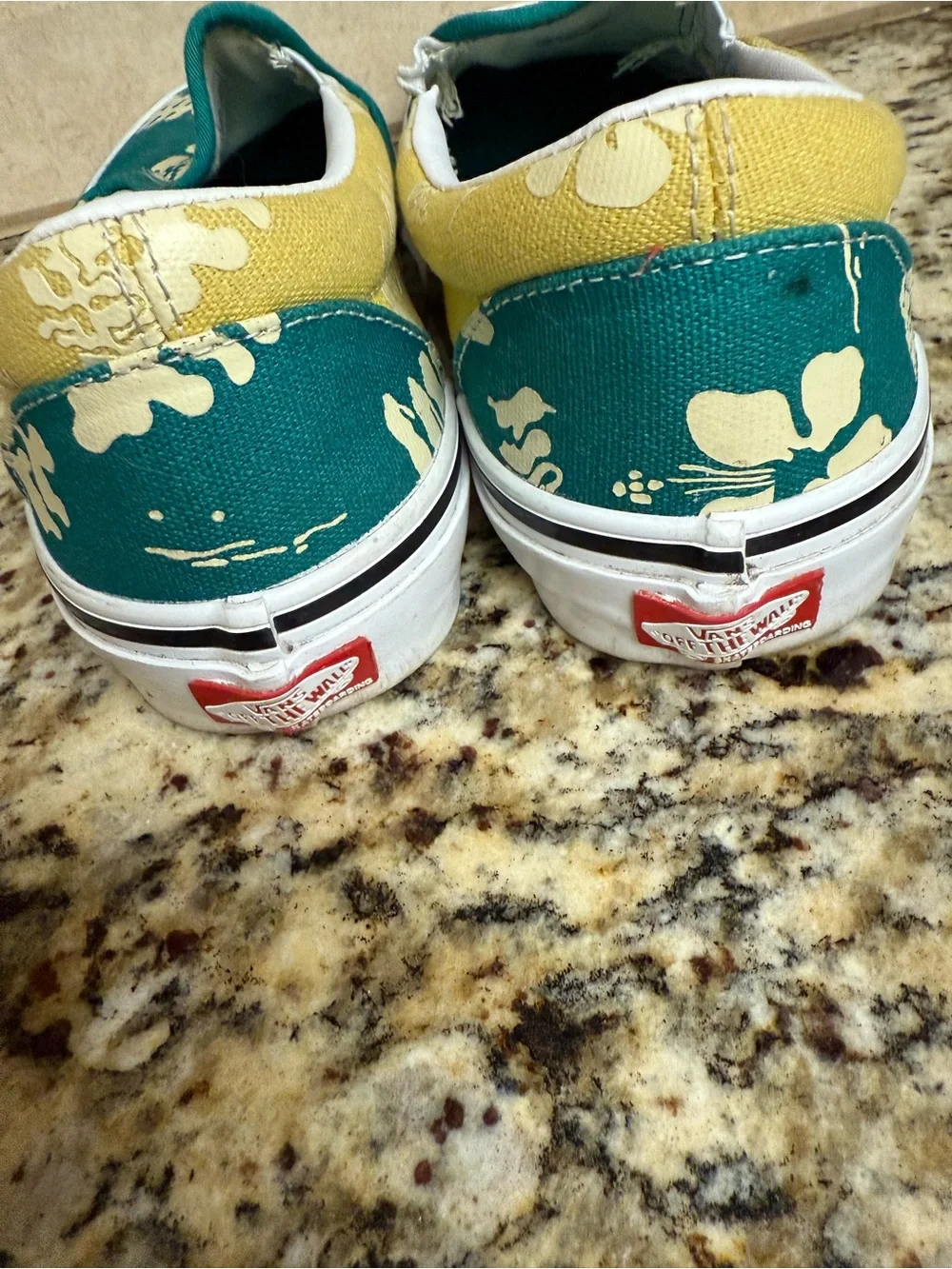 Vans Kids Slip-On Sneakers in Teal and Yellow with Cream Leaf Print